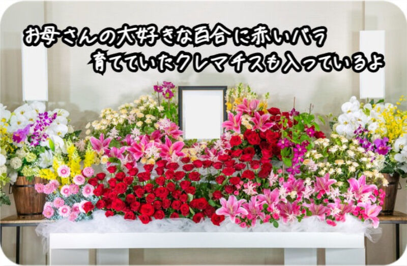 好みのお花で故人らしさのある祭壇綺麗に咲いてるよ